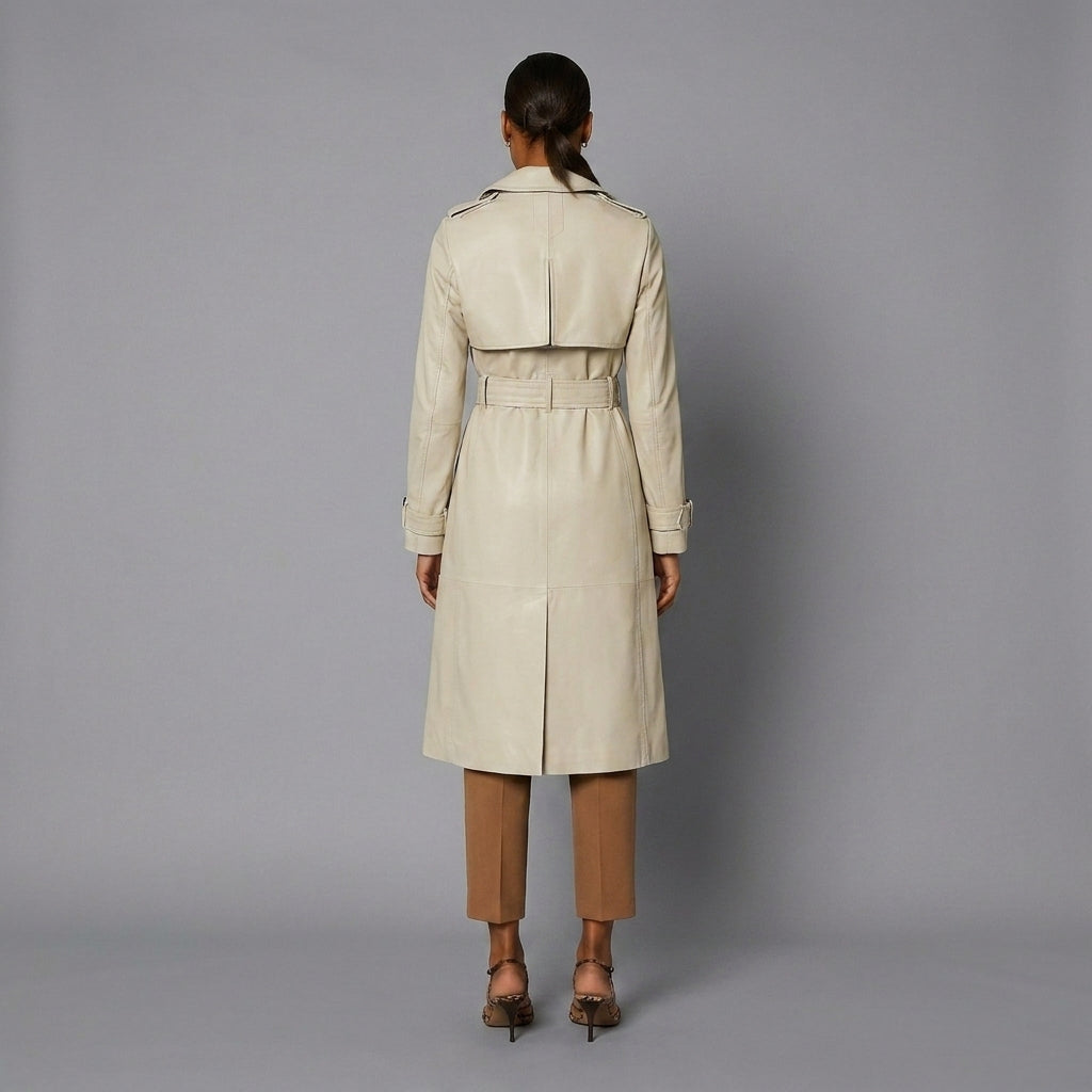 Women's Cream Leather Trench Coat
