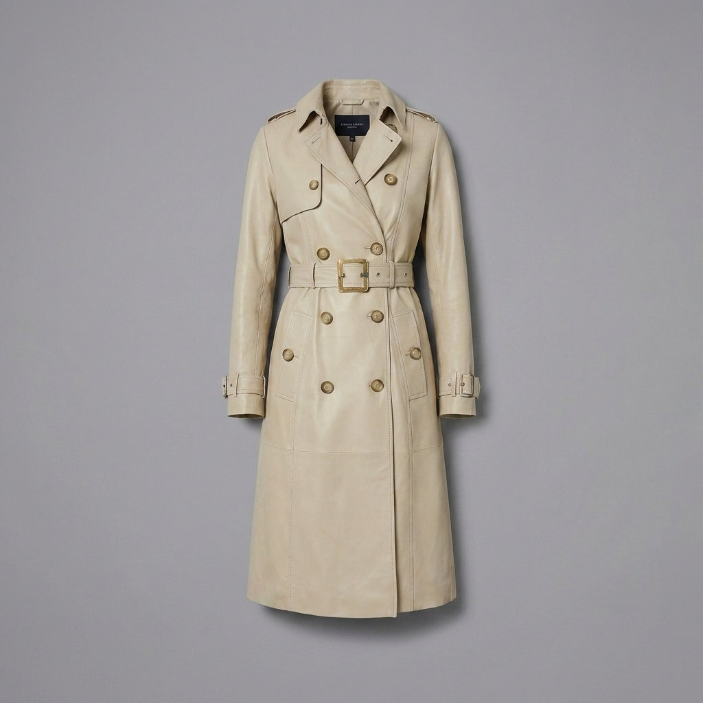 Women's Cream Leather Trench Coat