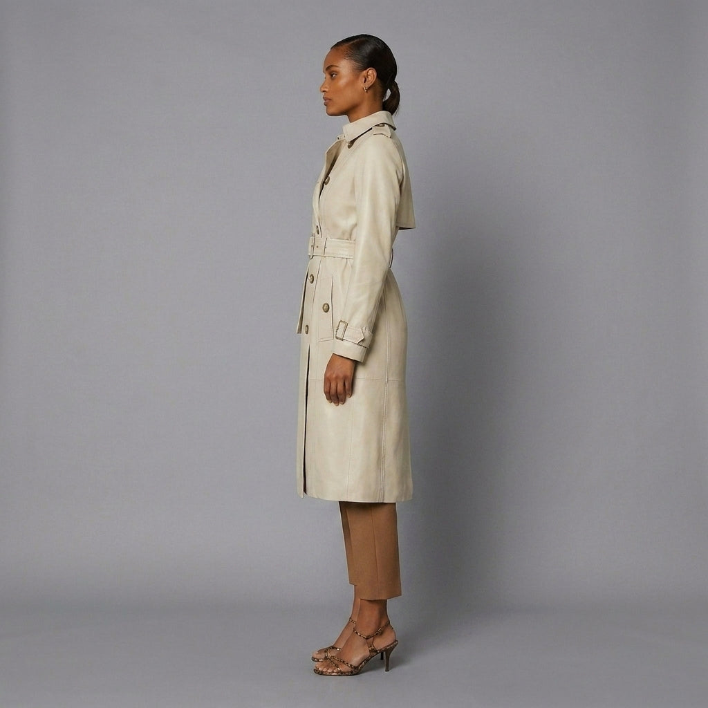 Women's Cream Leather Trench Coat