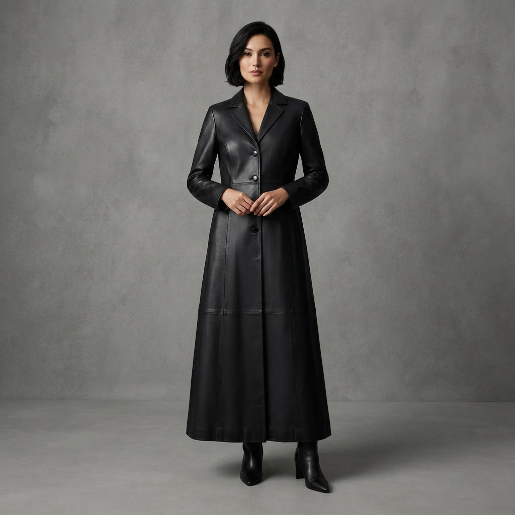 Women's Single-Breasted Genuine Leather Trench Coat