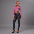 Women's Magenta Pink Cropped Leather Biker Jacket