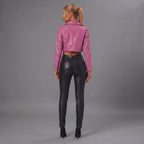 Women's Magenta Pink Cropped Leather Biker Jacket