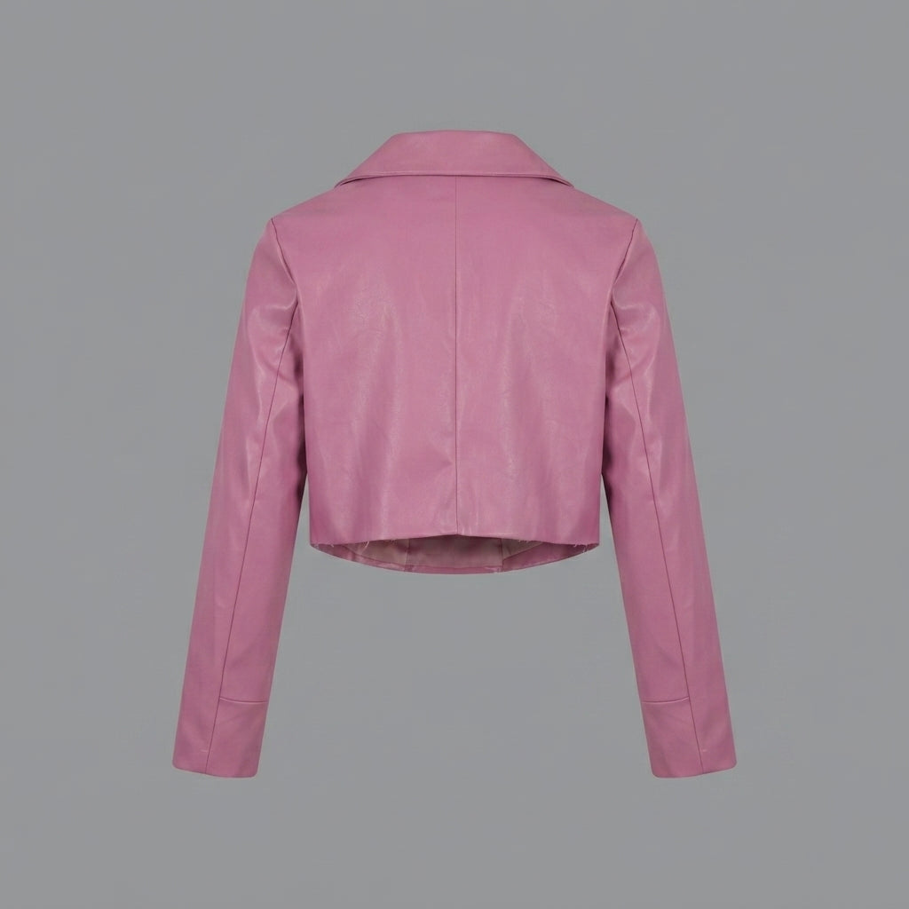 Women's Magenta Pink Cropped Leather Biker Jacket