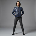 Women's Navy Blue Quilted Shoulder Leather Jacket
