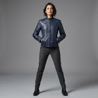Women's Navy Blue Quilted Shoulder Leather Jacket