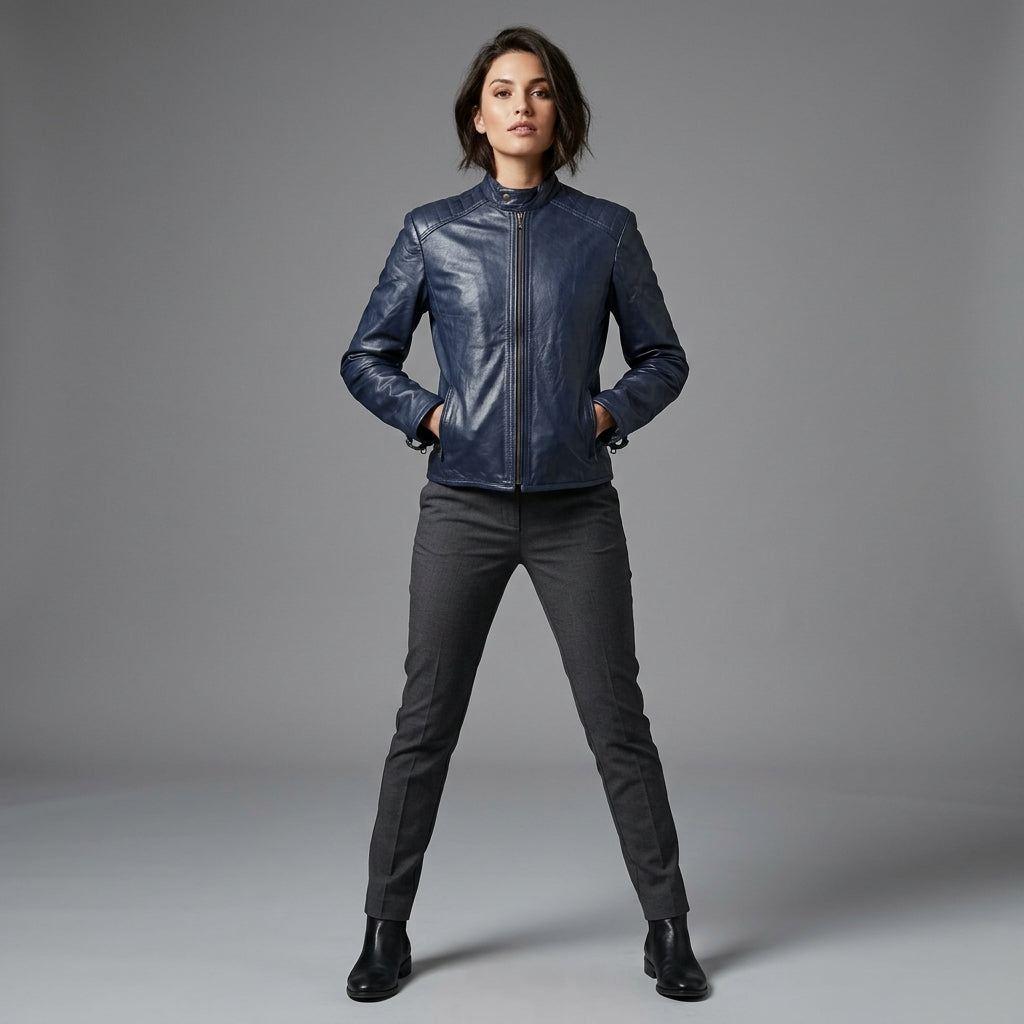 Women's Navy Blue Quilted Shoulder Leather Jacket