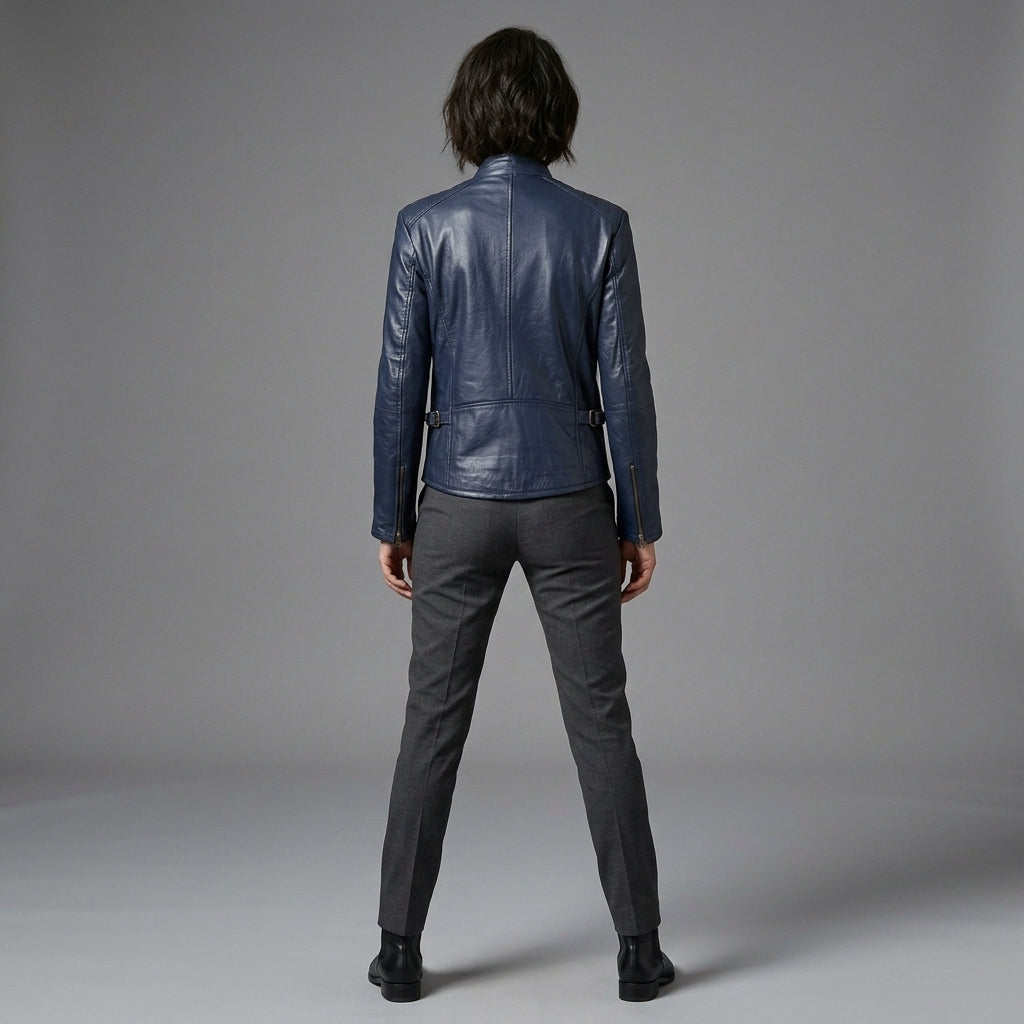 Women's Navy Blue Quilted Shoulder Leather Jacket