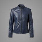 Women's Navy Blue Quilted Shoulder Leather Jacket