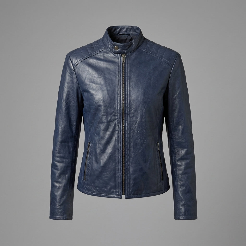 Women's Navy Blue Quilted Shoulder Leather Jacket