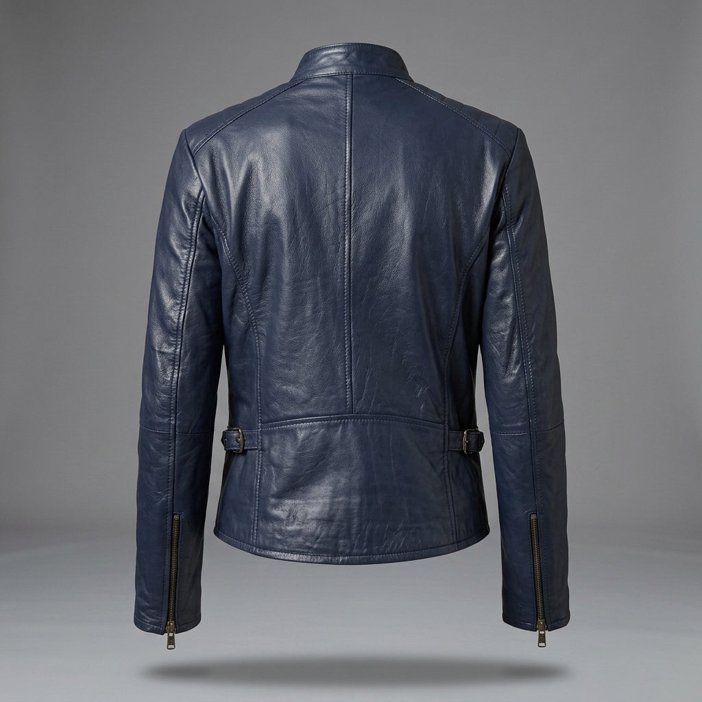 Women's Navy Blue Quilted Shoulder Leather Jacket
