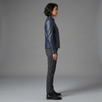 Women's Navy Blue Quilted Shoulder Leather Jacket