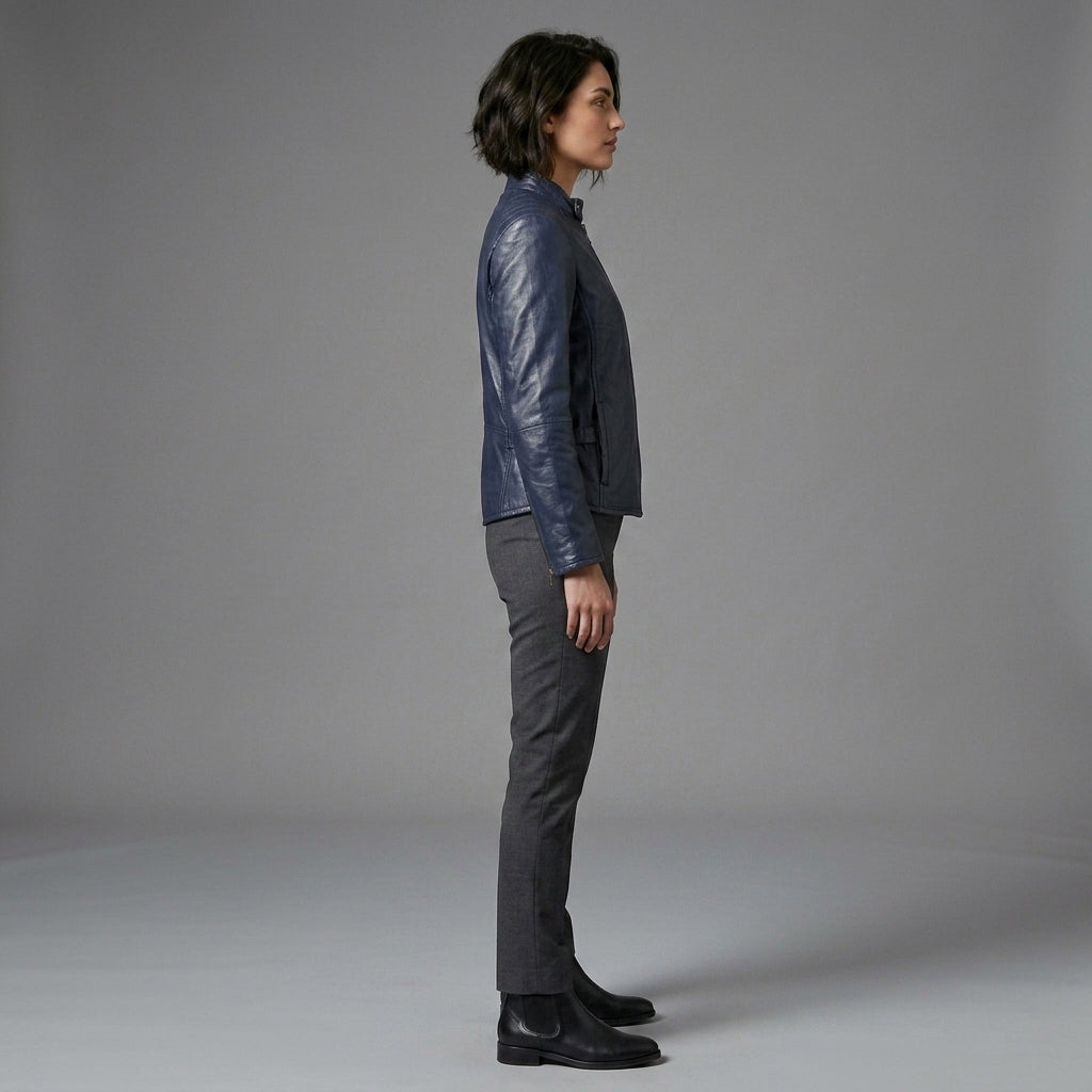Women's Navy Blue Quilted Shoulder Leather Jacket