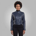 Women's Navy Blue Stand-Collar Leather Biker Jacket