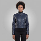 Women's Navy Blue Stand-Collar Leather Biker Jacket