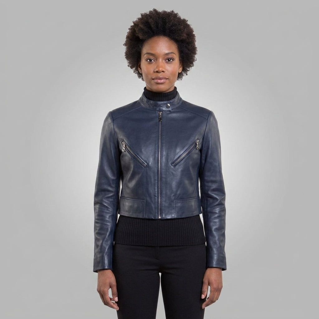 Women's Navy Blue Stand-Collar Leather Biker Jacket