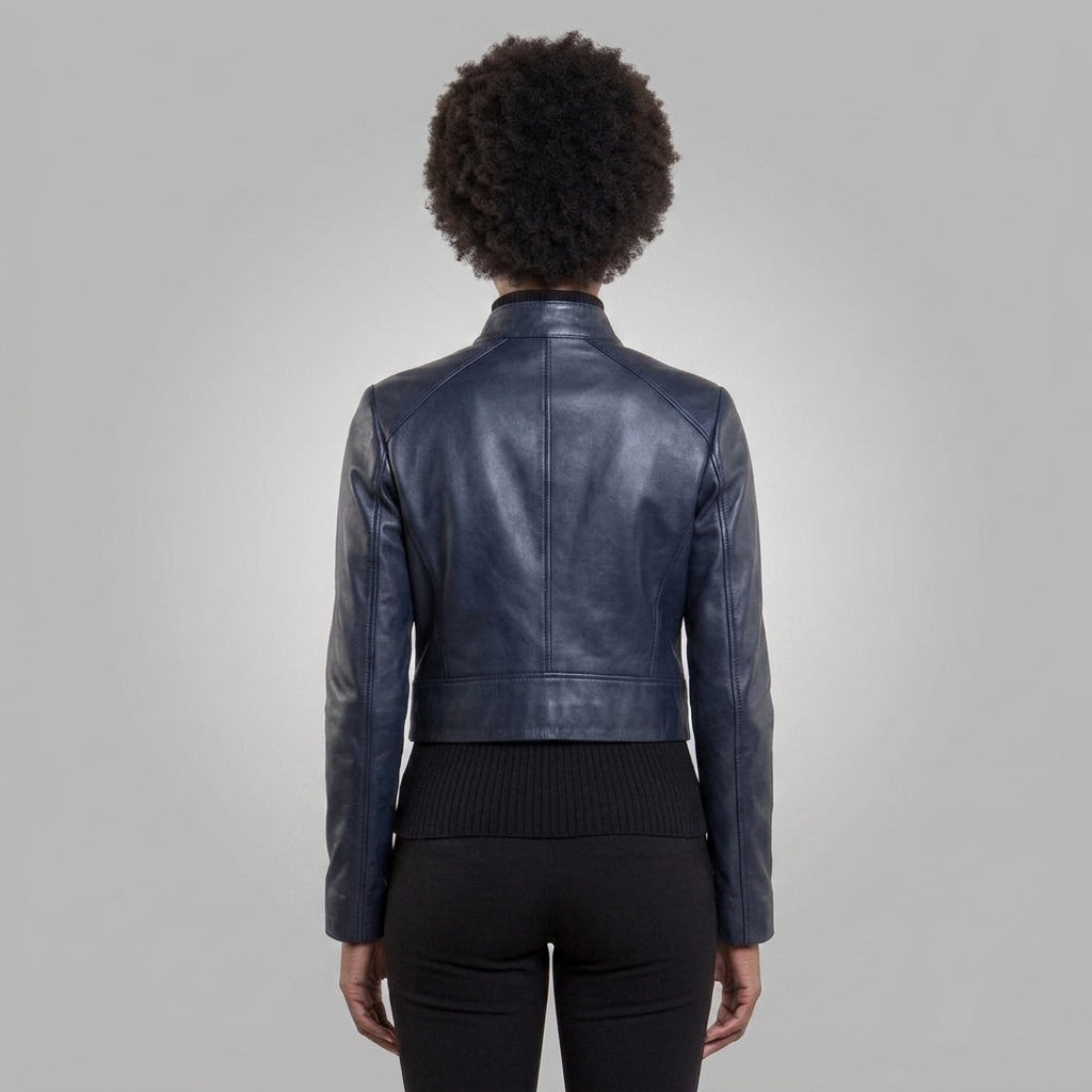 Women's Navy Blue Stand-Collar Leather Biker Jacket