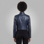 Women's Navy Blue Stand-Collar Leather Biker Jacket