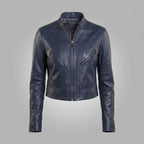Women's Navy Blue Stand-Collar Leather Biker Jacket
