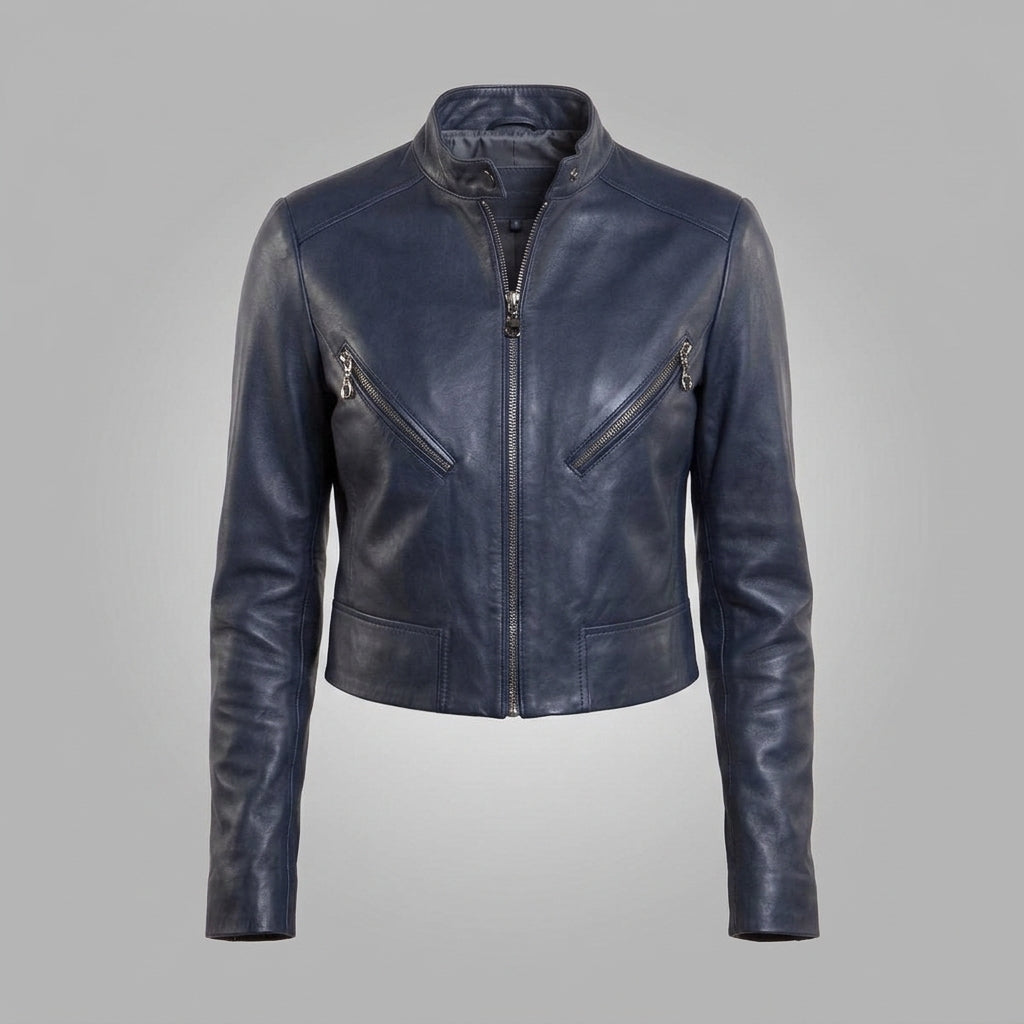 Women's Navy Blue Stand-Collar Leather Biker Jacket