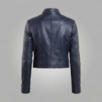 Women's Navy Blue Stand-Collar Leather Biker Jacket