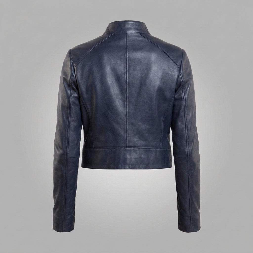 Women's Navy Blue Stand-Collar Leather Biker Jacket