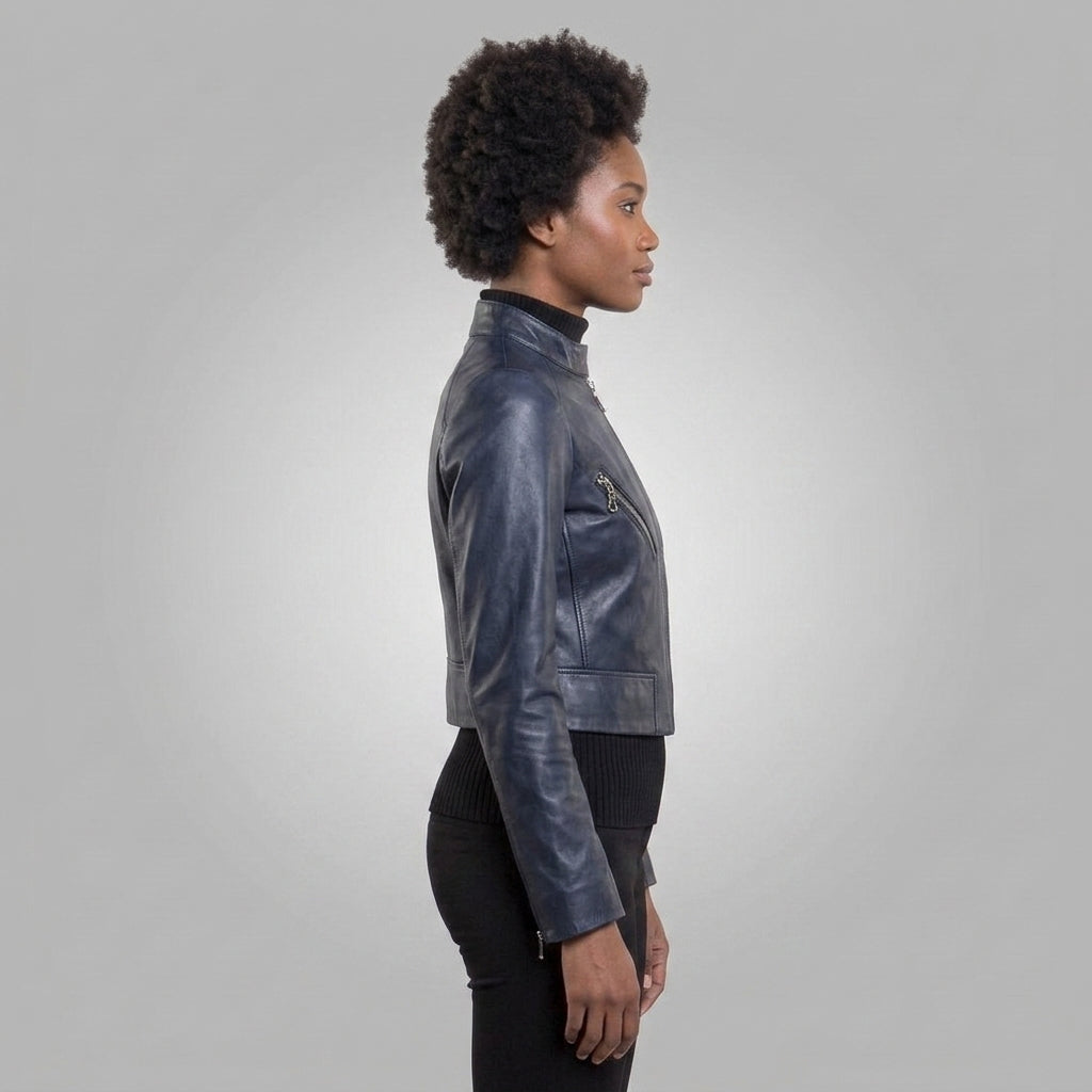 Women's Navy Blue Stand-Collar Leather Biker Jacket