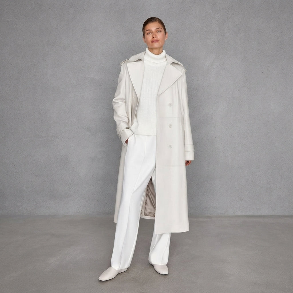 Women's Off-White Leather Long Trench Coat