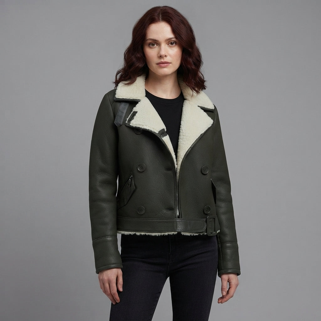 Women's Olive Shearling Double-Breasted Jacket