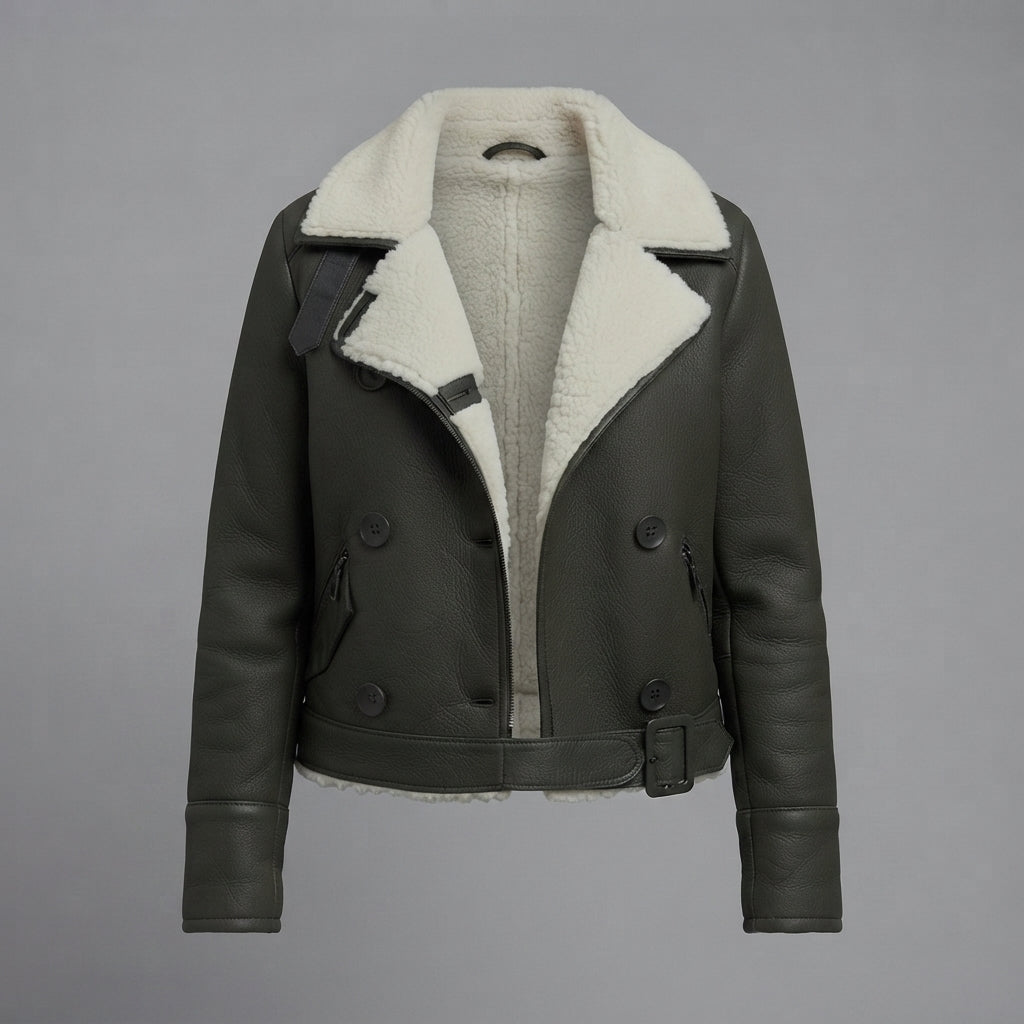 Women's Olive Shearling Double-Breasted Jacket