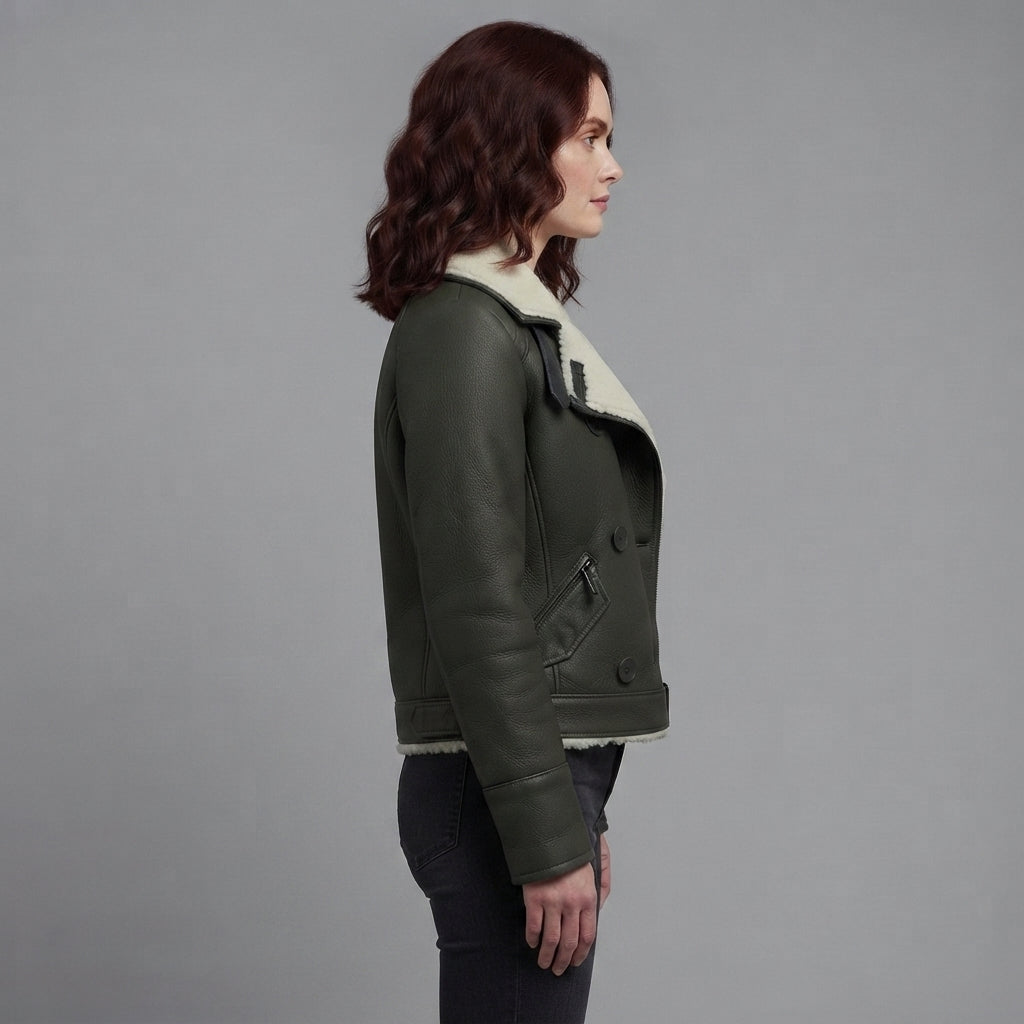 Women's Olive Shearling Double-Breasted Jacket