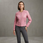 Women's Pink Quilted-Shoulder Collarless Leather Jacket