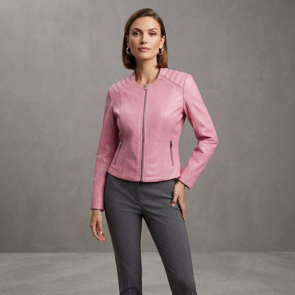 Women's Pink Quilted-Shoulder Collarless Leather Jacket