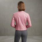 Women's Pink Quilted-Shoulder Collarless Leather Jacket