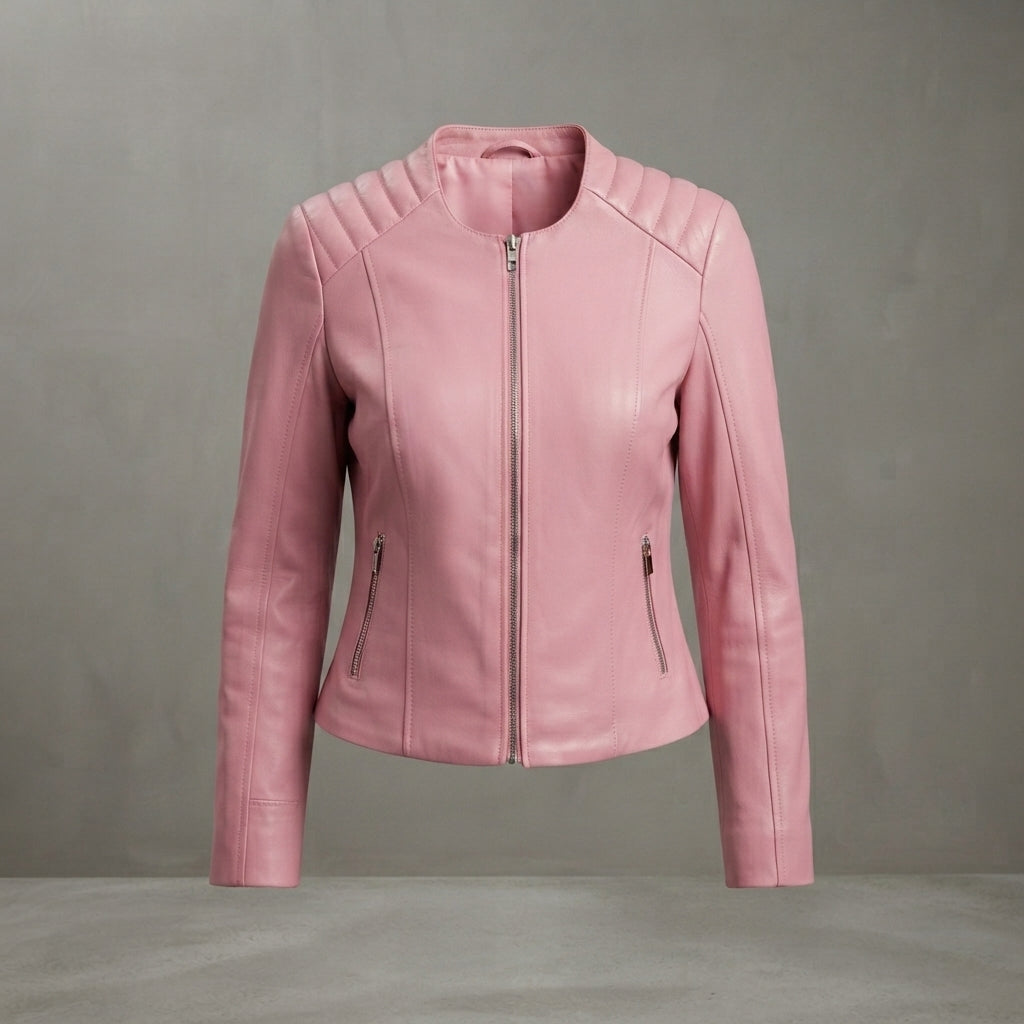 Women's Pink Quilted-Shoulder Collarless Leather Jacket