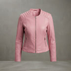 Women's Pink Quilted-Shoulder Collarless Leather Jacket