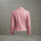 Women's Pink Quilted-Shoulder Collarless Leather Jacket