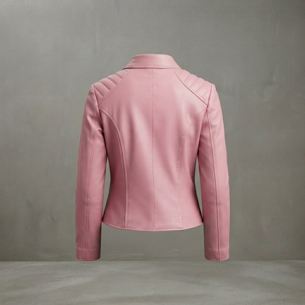 Women's Pink Quilted-Shoulder Collarless Leather Jacket