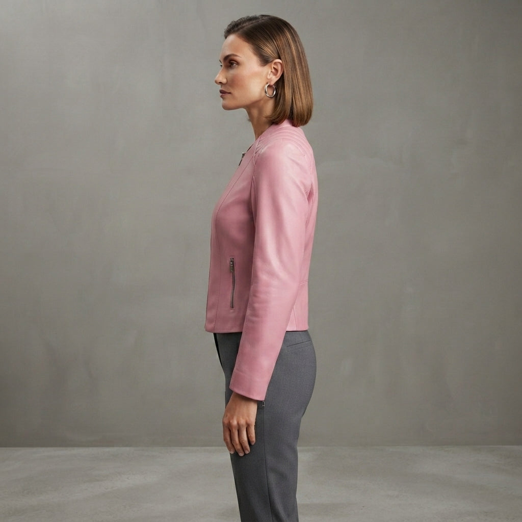 Women's Pink Quilted-Shoulder Collarless Leather Jacket