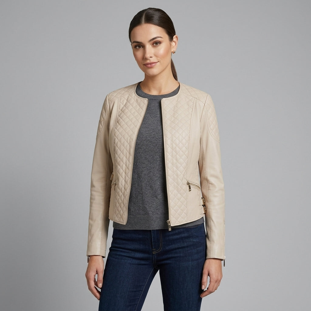 Women's Beige Quilted Leather Jacket