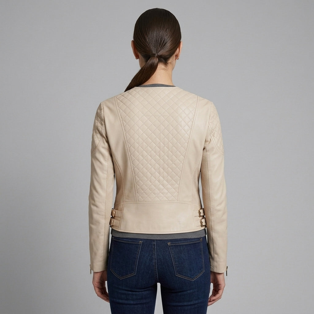 Women's Beige Quilted Leather Jacket