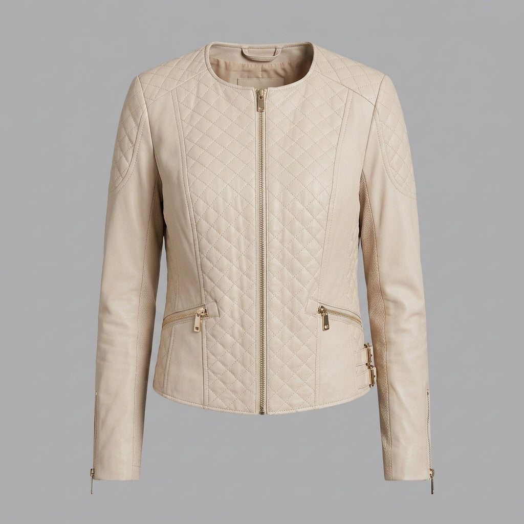 Women's Beige Quilted Leather Jacket