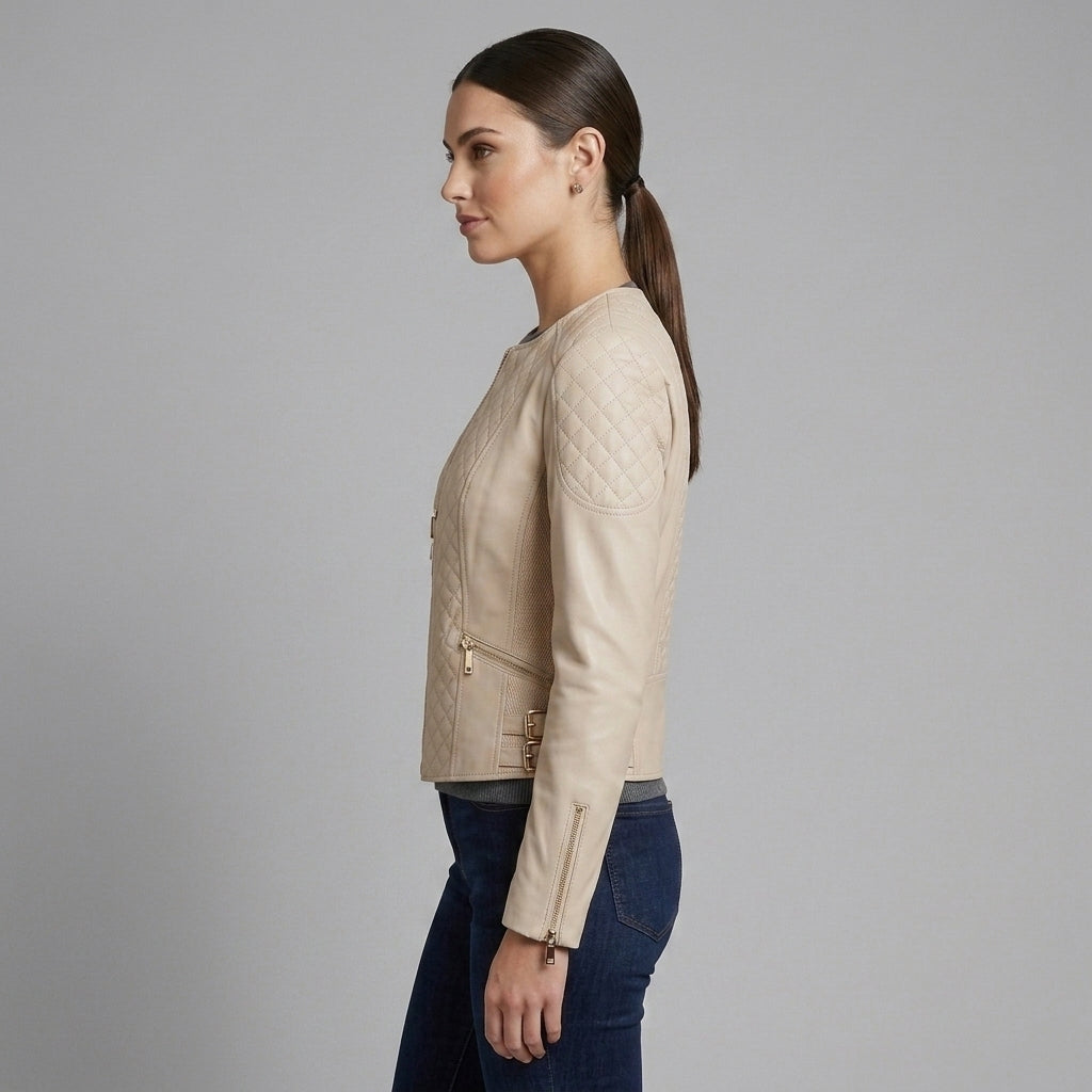 Women's Beige Quilted Leather Jacket