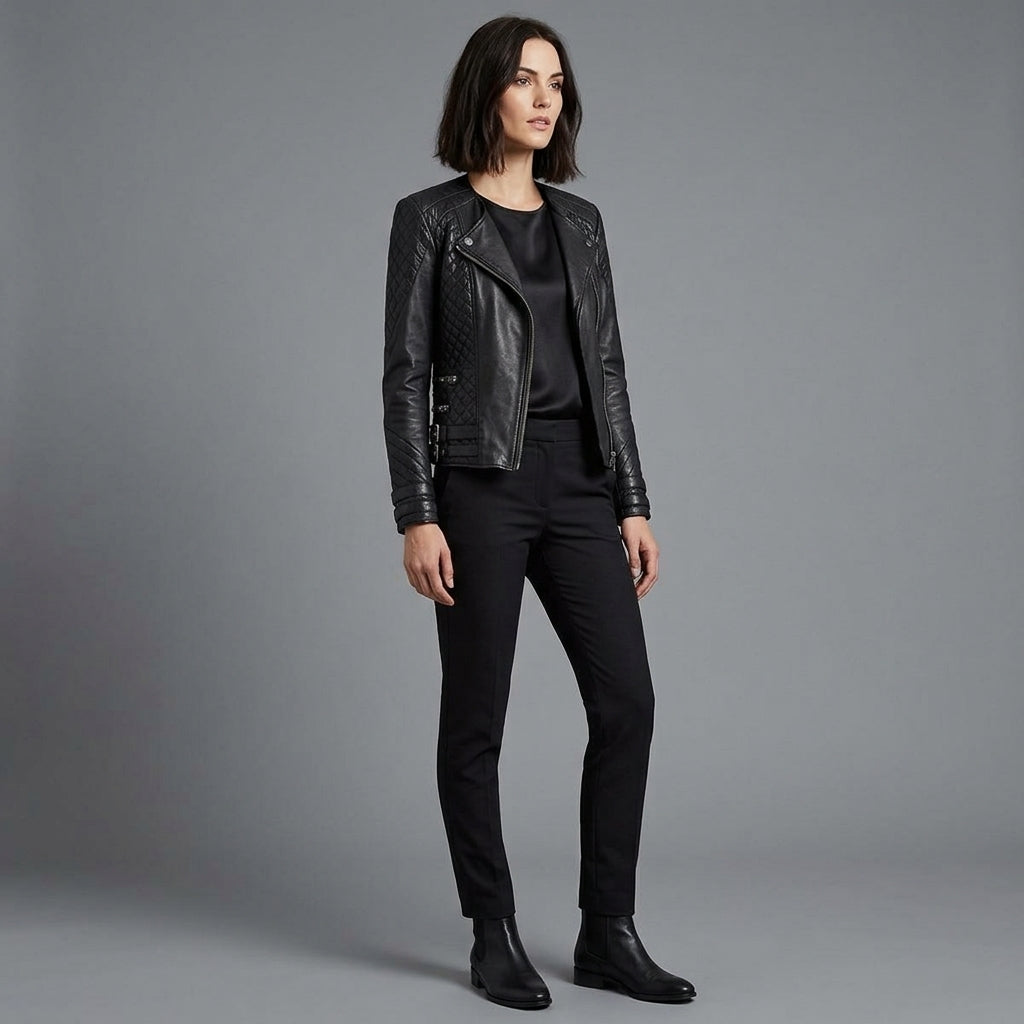 Women's Black Quilted Leather Biker Jacket