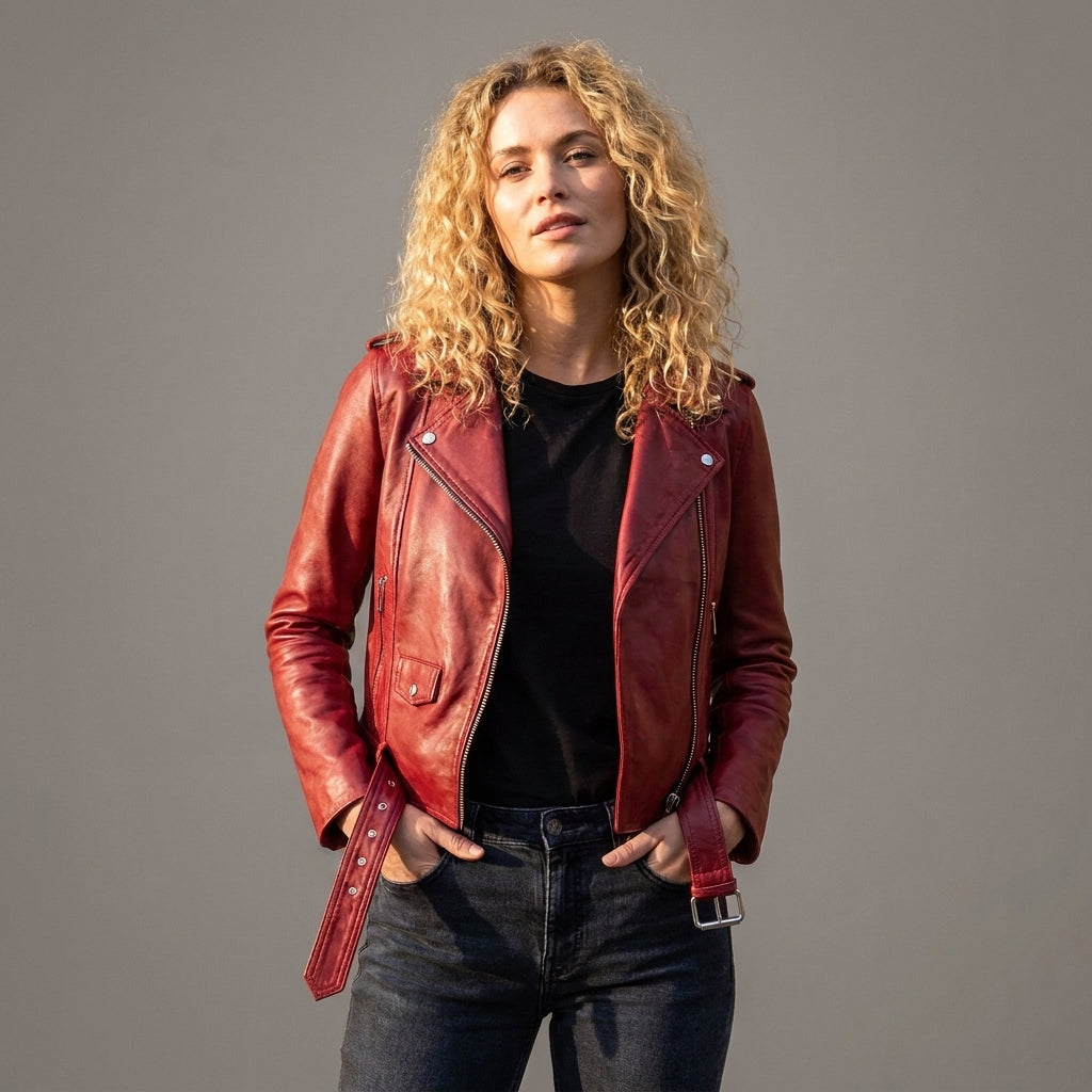 Women's Red Leather Biker Jacket