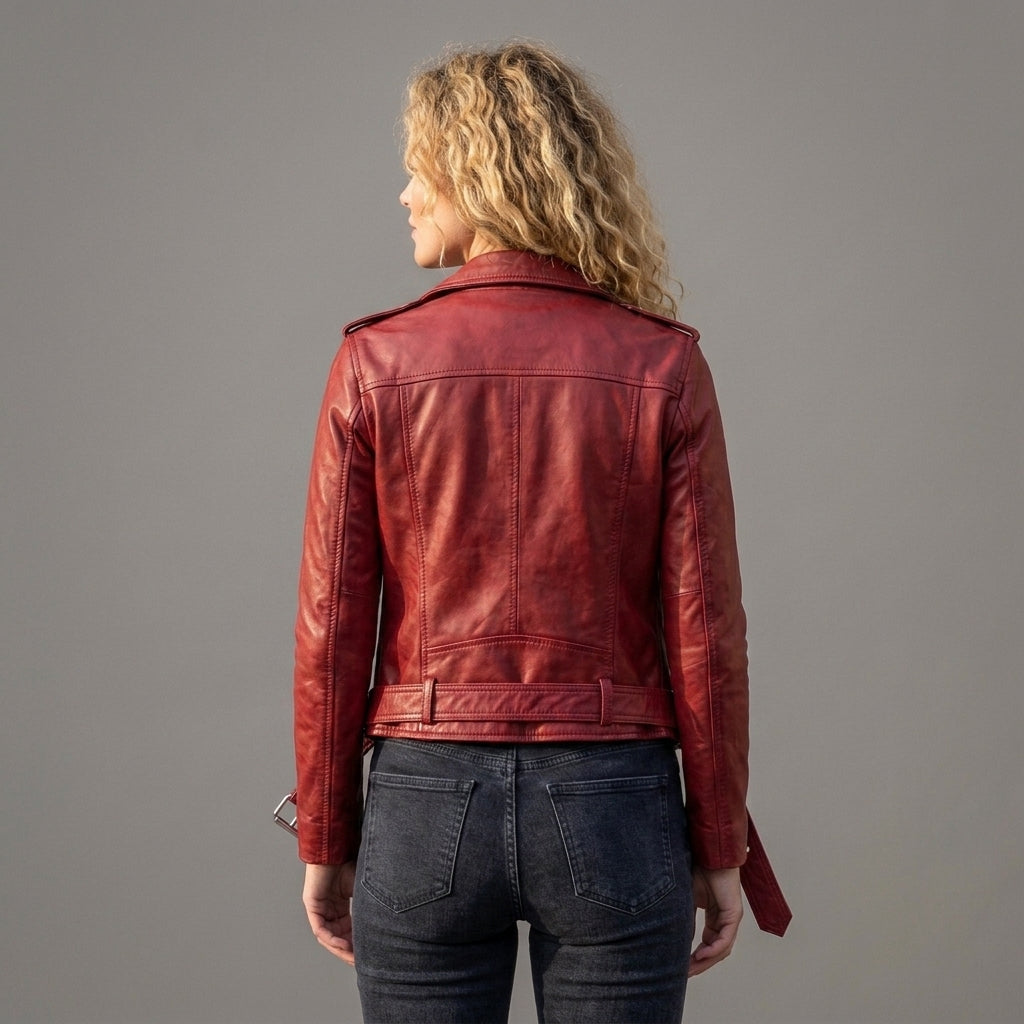 Women's Red Leather Biker Jacket