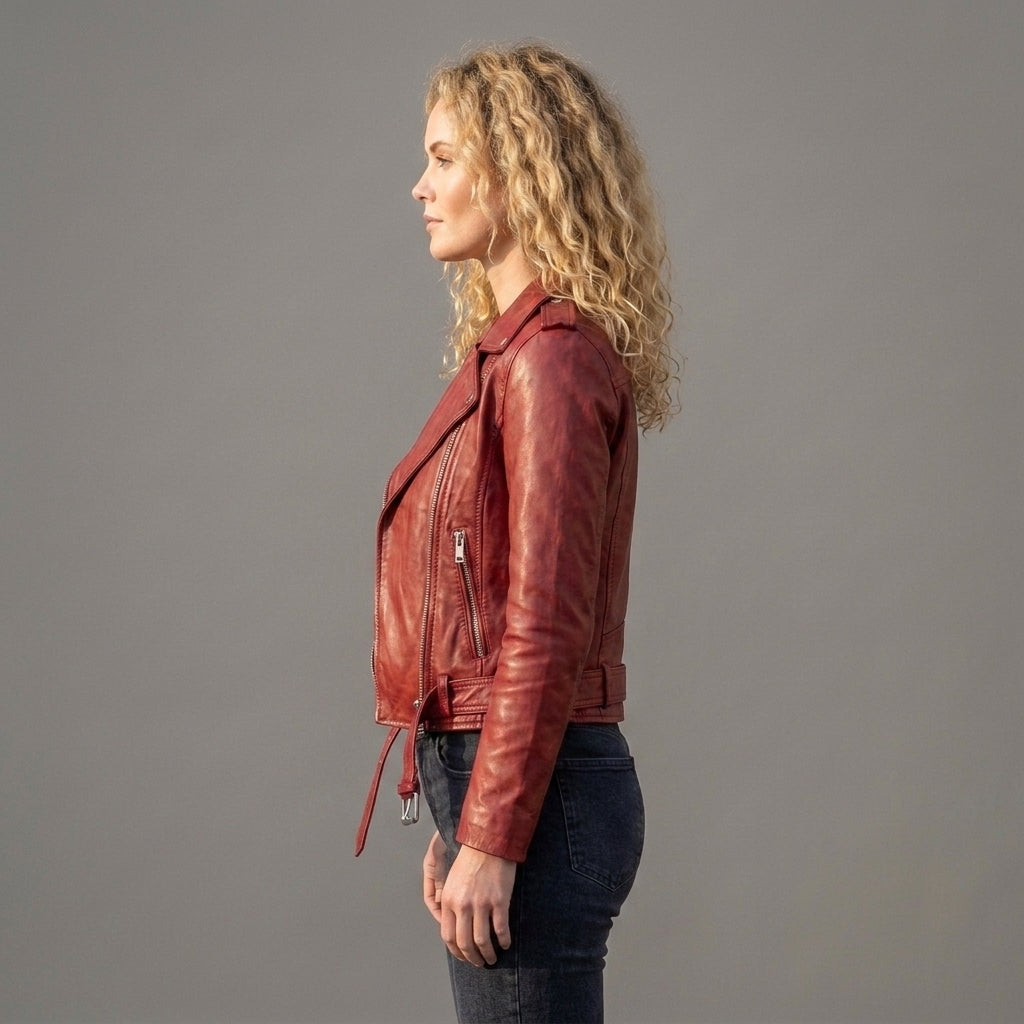 Women's Red Leather Biker Jacket