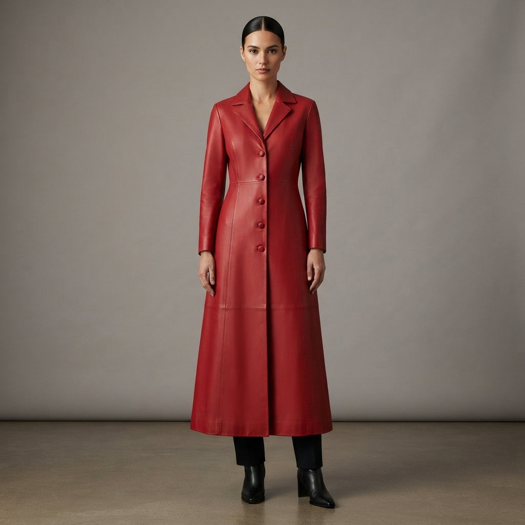 Women's Red Button-Down Genuine Leather Trench Coat