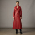 Women's Red Button-Down Genuine Leather Trench Coat