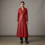 Women's Red Button-Down Genuine Leather Trench Coat