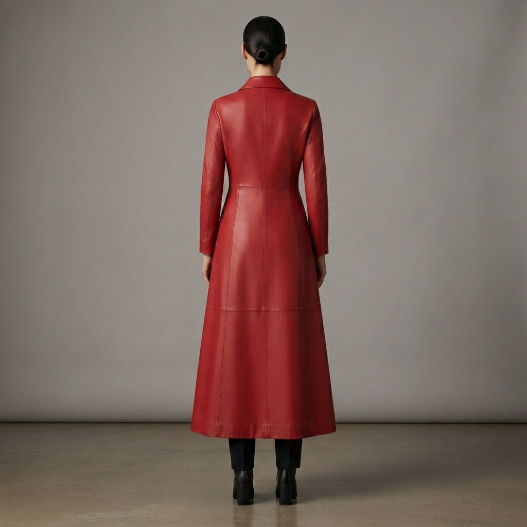 Women's Red Button-Down Genuine Leather Trench Coat